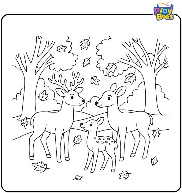 Deer-family-in-autumn-woodland-Coloring-Page Deer-family-in-autumn-woodland-Coloring-Page