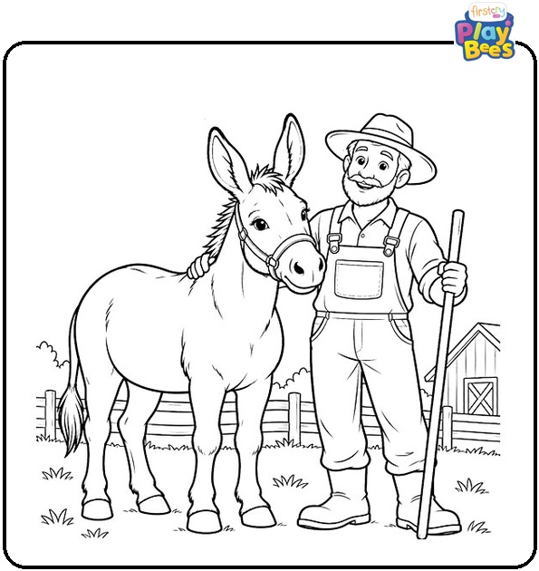 Donkey With a Farmer Coloring Page Donkey With a Farmer Coloring Page