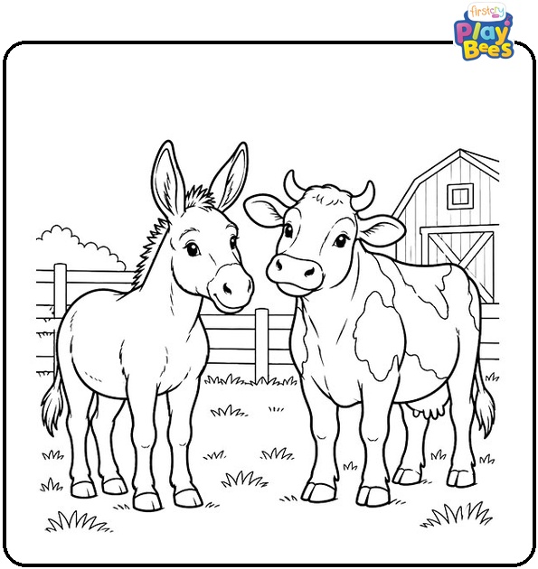 Donkey and Cow in the Farmyard Coloring Page
