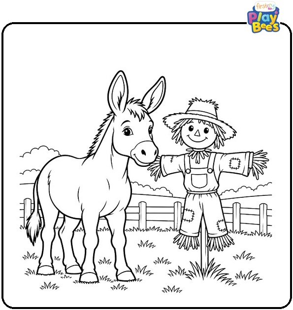 Donkey and Scarecrow in a Field Coloring Page Donkey and Scarecrow in a Field Coloring Page