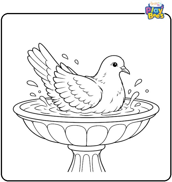 Dove-Bathing-in-a-Birdbath-Coloring-Page Dove-Bathing-in-a-Birdbath-Coloring-Page