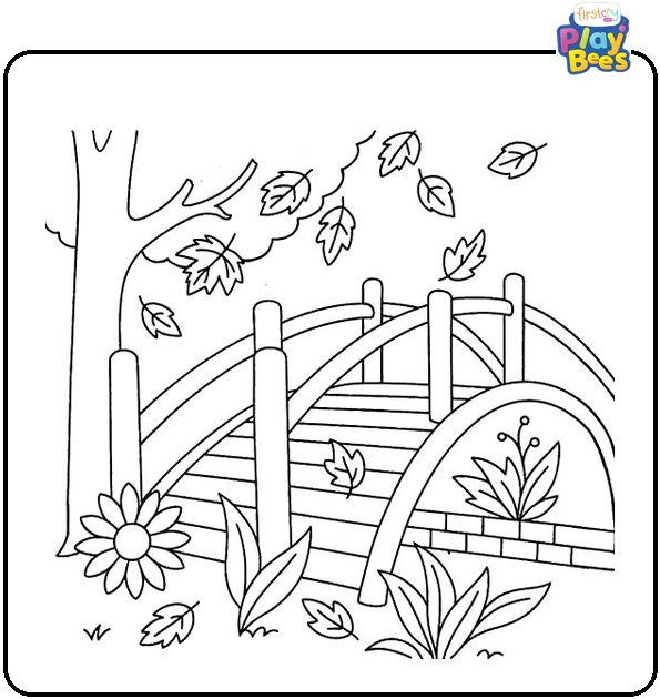 Fall-Leaves-Falling-on-a-Wooden-Bridge-Coloring-Page Fall-Leaves-Falling-on-a-Wooden-Bridge-Coloring-Page