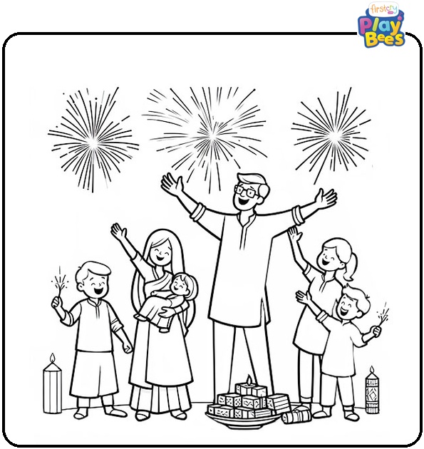 Family Celebrating Diwali and Bursting Crackers Coloring Page