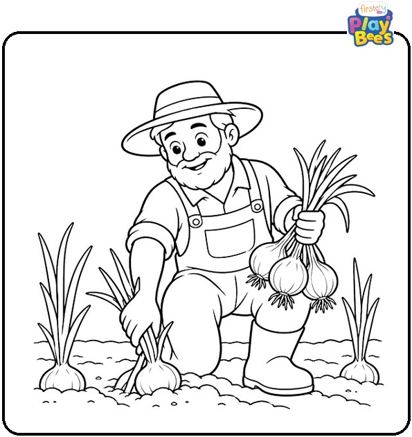 Farmer Harvesting Onions in a Field Coloring Page Farmer Harvesting Onions in a Field Coloring Page