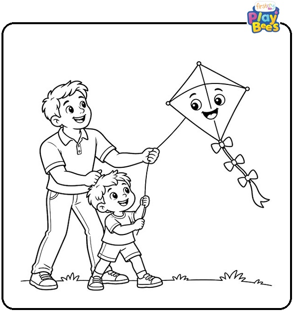 Father and Son Flying a Kite Coloring Page