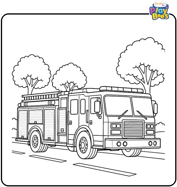 Fire-Truck-Driving-Past-Trees-Coloring-Page