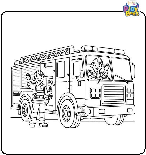 Fire-Truck-With-Waving-Firefighters-Coloring-Page Fire-Truck-With-Waving-Firefighters-Coloring-Page