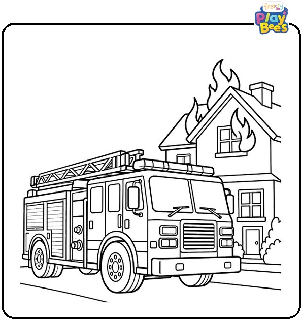 Fire-Truck-With-a-Burning-House-Coloring-Page