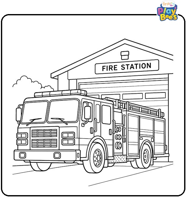 Fire-Truck-at-a-Station-Coloring-Page Fire-Truck-at-a-Station-Coloring-Page