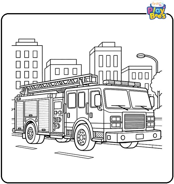 Fire-Truck-in-Front-of-a-City-Coloring-Page Fire-Truck-in-Front-of-a-City-Coloring-Page