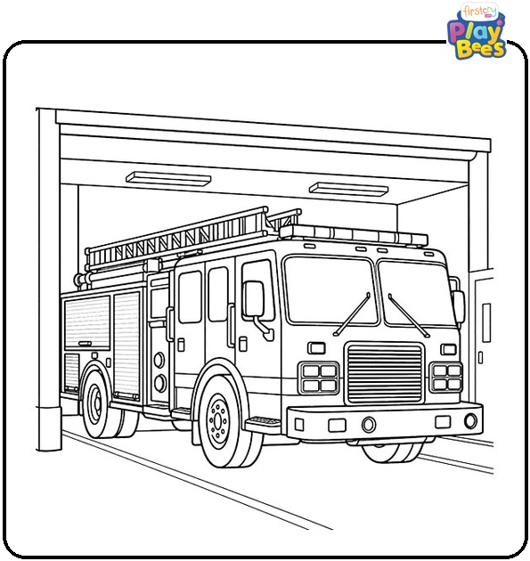 Fire-Truck-in-a-Station-Garage-Coloring-Page Fire-Truck-in-a-Station-Garage-Coloring-Page