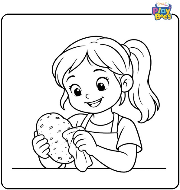 Girl Cleaning a Potato Coloring Page Girl Cleaning a Potato Coloring Page