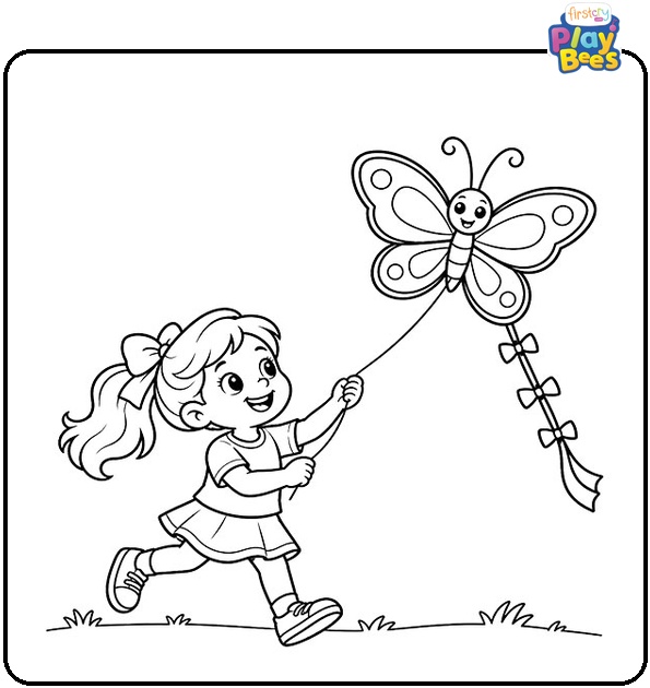 Girl Flying a Butterfly Kite Coloring Page