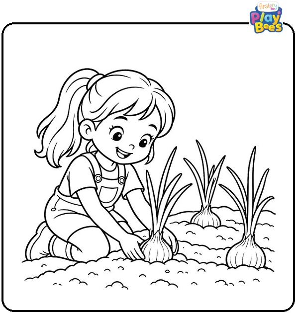 Girl Gardening with Onions Coloring Page Girl Gardening with Onions Coloring Page