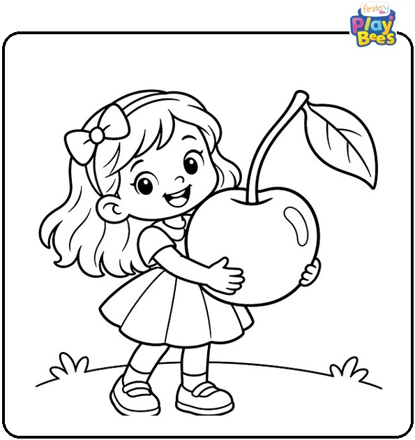 Girl-Holding-a-Giant-Cherry-Coloring-Page-for-Kids