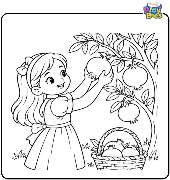 Girl Picking a Pomegranate Coloring Page Girl Picking a Pomegranate Coloring Page
