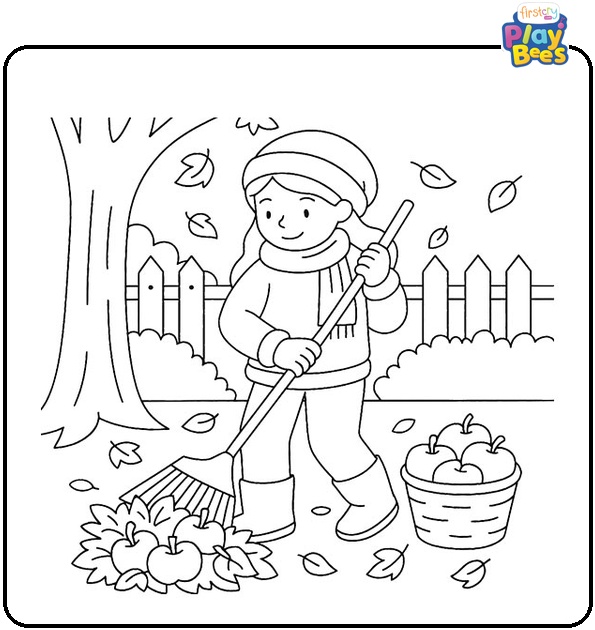 Girl-Sweeping-Leaves-Together-Coloring-Page Girl-Sweeping-Leaves-Together-Coloring-Page