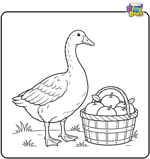 Goose-Beside-a-Basket-of-Apples-Coloring-Page