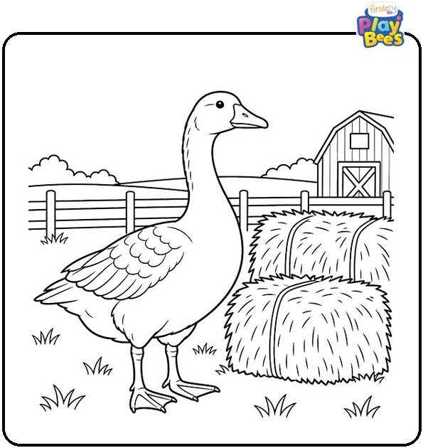 Goose-Standing-Near-Hay-Bales-Coloring-Page