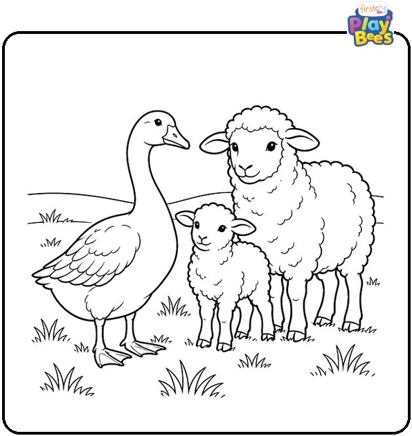 Goose-and-Sheep-in-a-Field-Coloring-Page