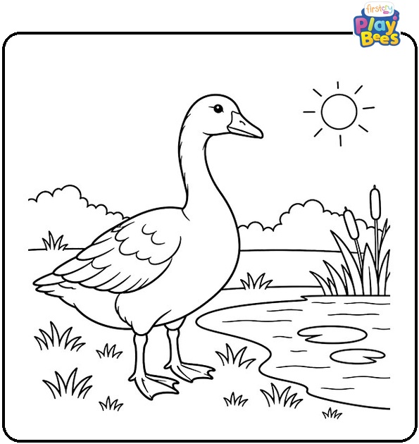 Goose-by-a-Pond-on-a-Summer-Day-Coloring-Page