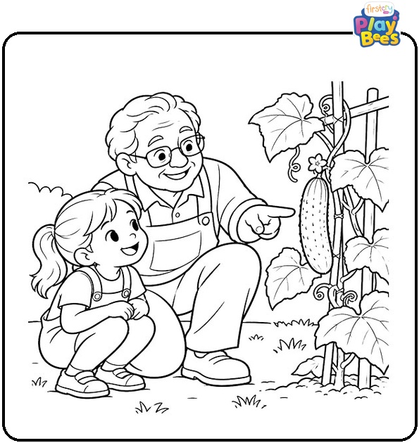 Grandparent-Showing-a-Grandchild-a-Cucumber-on-the-Vine-Coloring-Page Grandparent-Showing-a-Grandchild-a-Cucumber-on-the-Vine-Coloring-Page