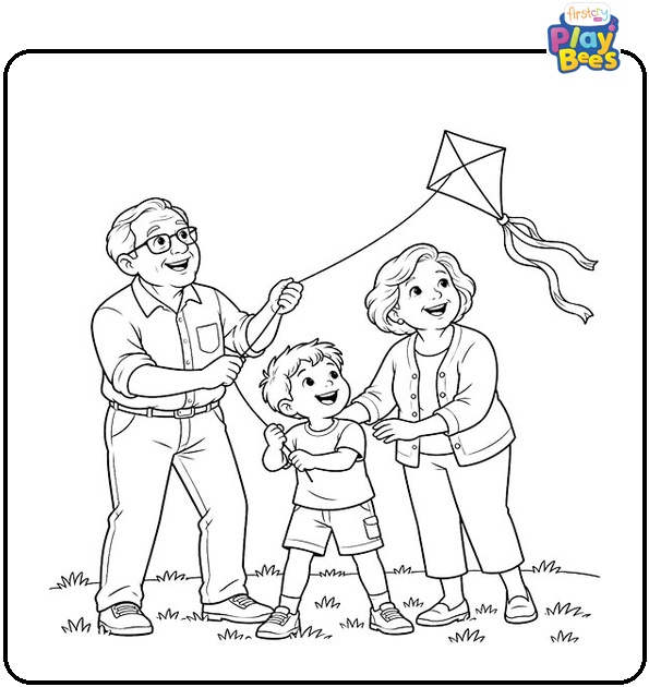 Grandparents and Grandchild Flying a Kite Coloring Page