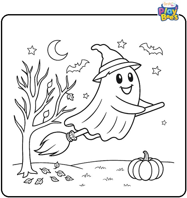 Halloween Ghost on a Broom in Autumn Coloring Page Halloween Ghost on a Broom in Autumn Coloring Page