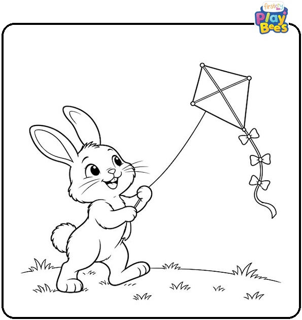 Happy Bunny Flying a Kite Coloring Page