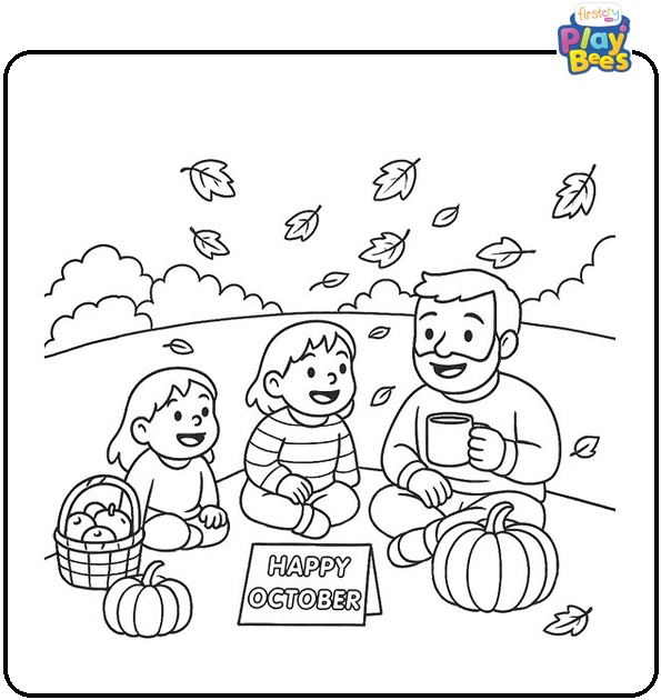 Happy October Family Picnic Coloring Page Happy October Family Picnic Coloring Page