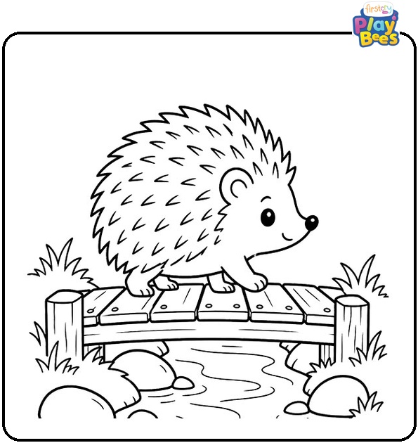Hedgehog Crossing a Tiny Wooden Bridge Coloring Page