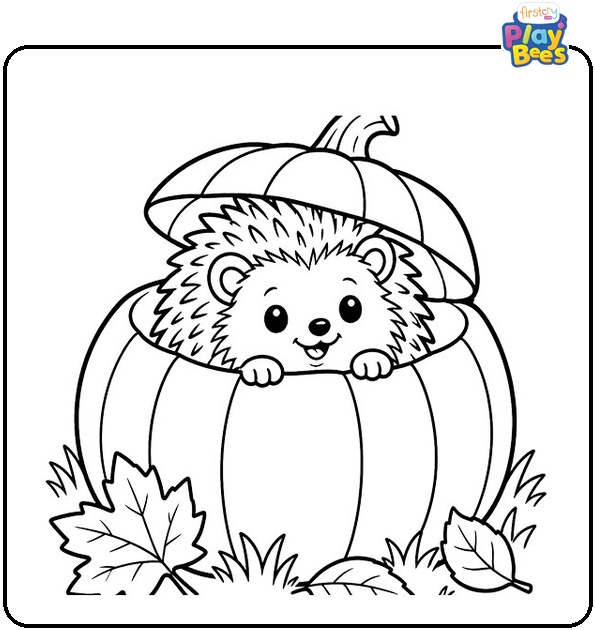 Hedgehog Hiding Inside a Pumpkin Coloring Page