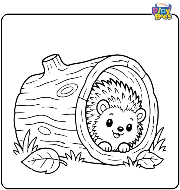 Hedgehog Peeking from a Log Coloring Page