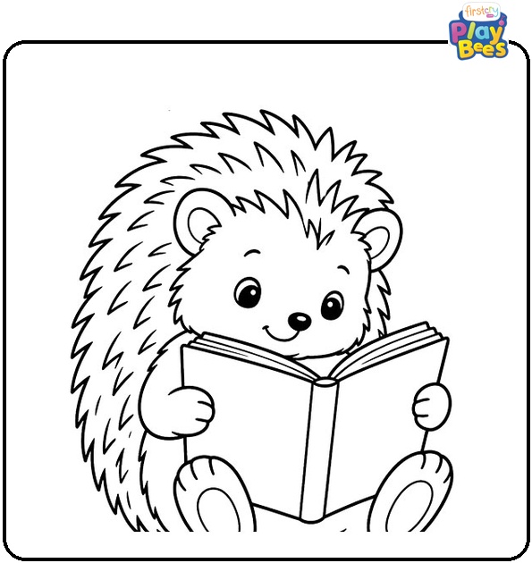 Hedgehog Reading a Book Coloring Page