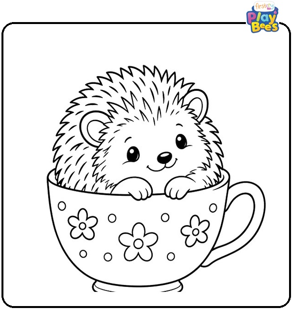 Hedgehog Resting in a Teacup Coloring Page