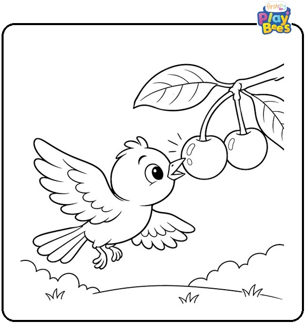 Hungry-Bird-Pecking-a-Ripe-Cherry-Coloring-Page