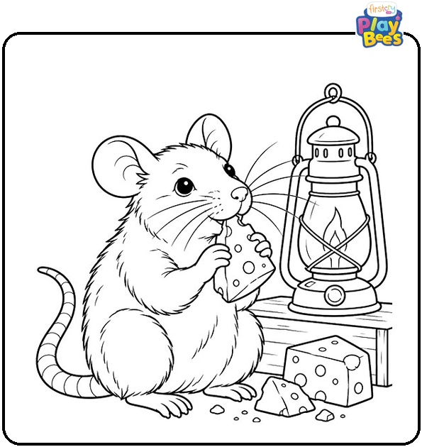 Hungry Rat Eating Cheese by a Lantern Coloring Page Hungry Rat Eating Cheese by a Lantern Coloring Page
