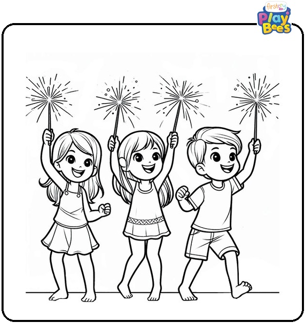 Kids Enjoying Sparklers on Diwali Coloring Page