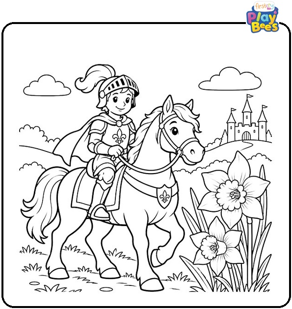 Knight on a Horse With a Daffodil Coloring Page Knight on a Horse With a Daffodil Coloring Page