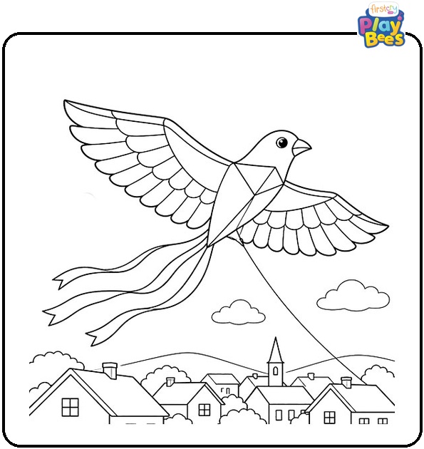 Large Bird Kite Flying Over a Town Coloring Page