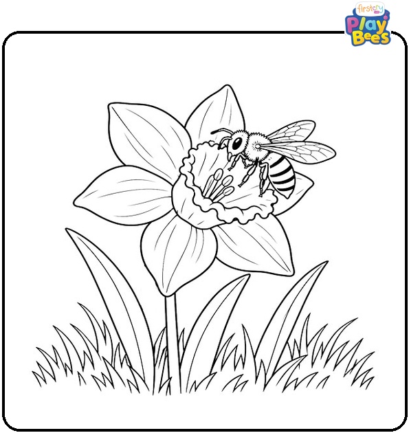 Bee on a Daffodil in the Grass Coloring Page Bee on a Daffodil in the Grass Coloring Page