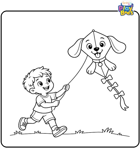 Little Boy Flying a Dog Shaped Kite Coloring Page