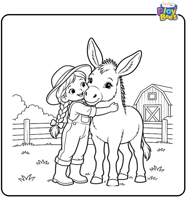 Little Farmer Girl Hugging a Donkey Coloring Page Little Farmer Girl Hugging a Donkey Coloring Page