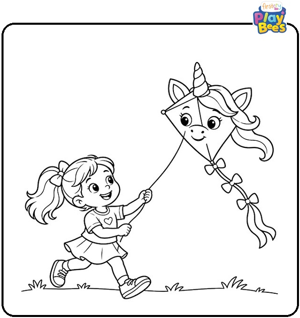 Little Girl Flying a Unicorn Kite Coloring Page
