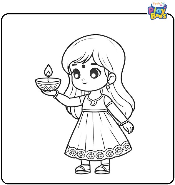 Little Girl Holding a Diya Coloring Page
