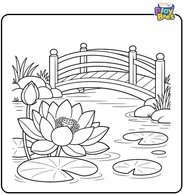 Lotus Beside Curved Wooden Garden Bridge Coloring Page Lotus Beside Curved Wooden Garden Bridge Coloring Page