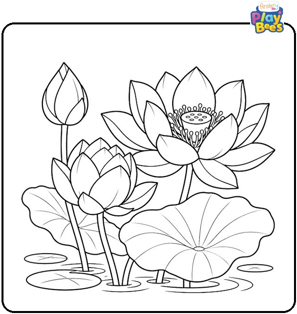 Lotus Flowers in Different Bloom Stages Coloring Page Lotus Flowers in Different Bloom Stages Coloring Page