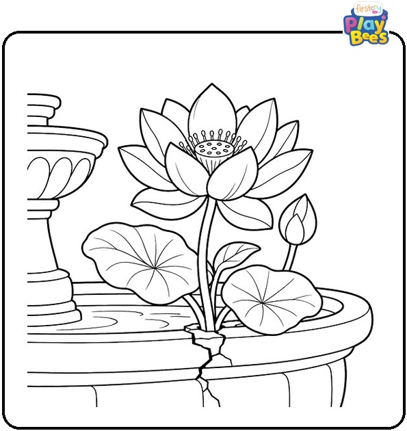 Lotus Growing Through Stone Fountain Crack Coloring Page Lotus Growing Through Stone Fountain Crack Coloring Page
