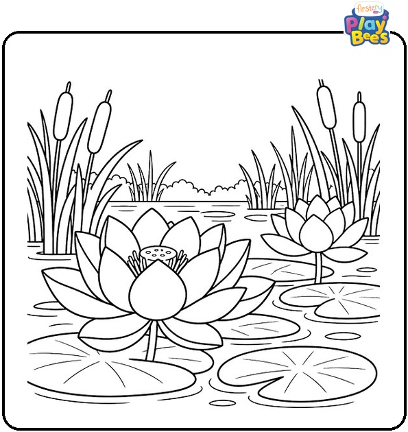 Lotus Pond with Tall Reeds and Cattails Coloring Page Lotus Pond with Tall Reeds and Cattails Coloring Page