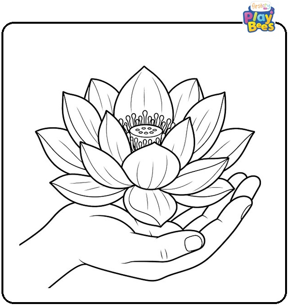 Lotus Resting in Open Palm Coloring Page Lotus Resting in Open Palm Coloring Page